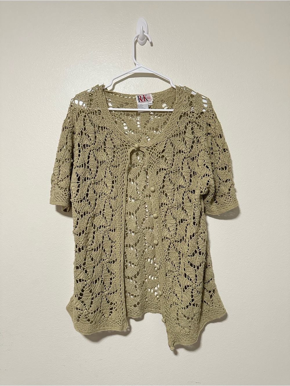 Vintage Y2K R&K Olive Crochet Short-Sleeve Openwork Cardigan
